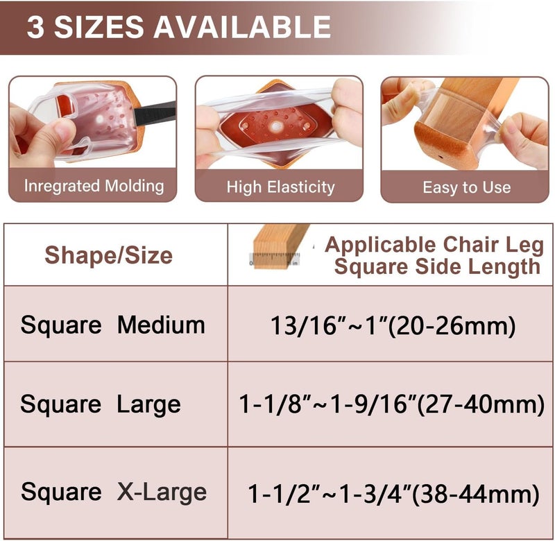 YOZON Chair Leg Floor Protectors Square Chair Leg Protectors for Hardwood Floors Silicone Caps Felt Strengthen Bottom Protection Anti-Scratch Reduce Noise 32 Pack Clear Square M Fit:13/16" to 1" (20-26mm) - Image 4