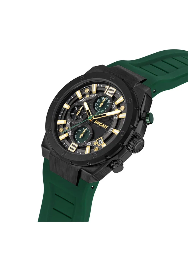 دوكاتي Ducati Men's Chronograph Watch, 43.5mm Case, Green Partial See-Through Dial, Rugged Silicone Strap, Water Resistant 50M