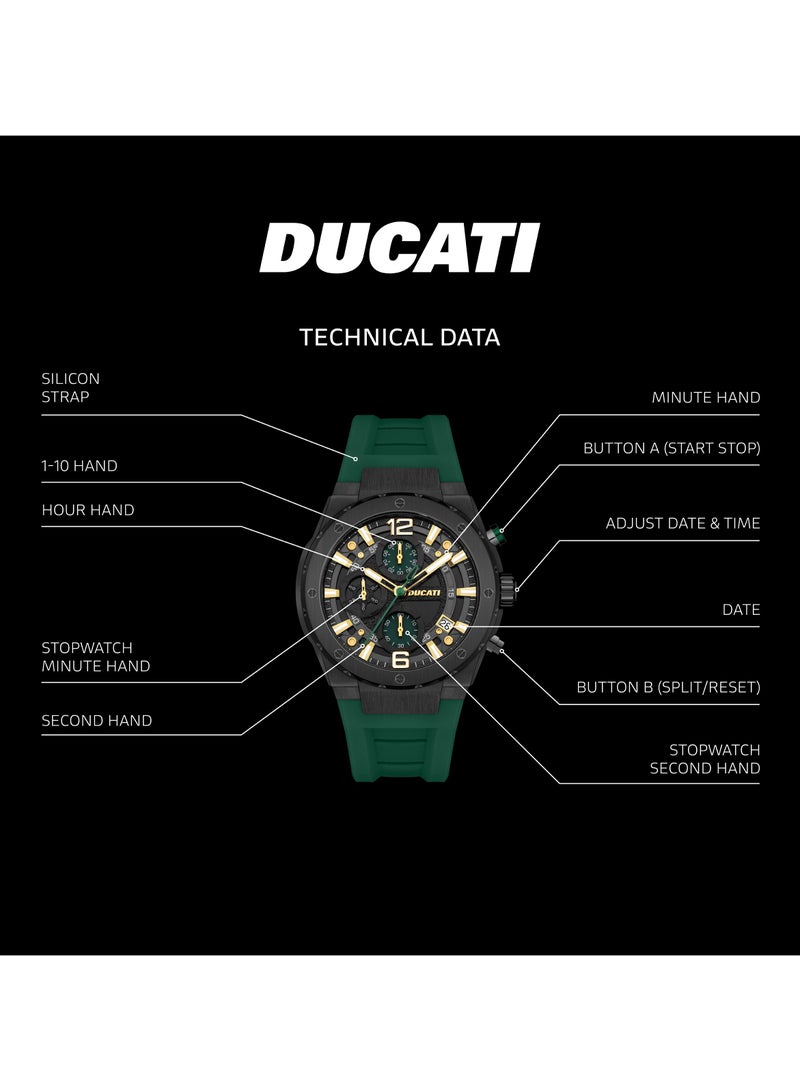 Ducati Ducati Men's Chronograph Watch, 43.5mm Case, Green Partial See-Through Dial, Rugged Silicone Strap, Water Resistant 50M - Image 4