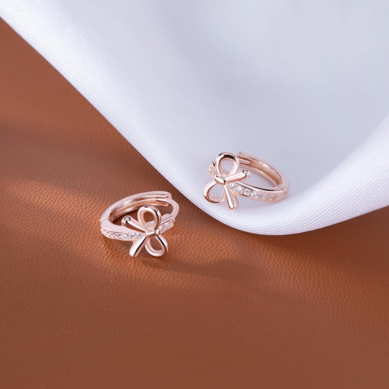 Reffeer Solid 925 Sterling Silver CZ Bow Hoop Earrings Ribbon for Women Teen Girls Bowknot Hoop Earrings Huggie (C-Rose Gold) - Image 4