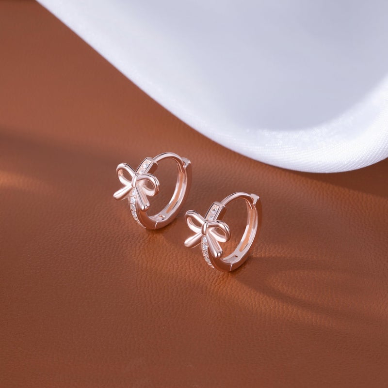 Reffeer Solid 925 Sterling Silver CZ Bow Hoop Earrings Ribbon for Women Teen Girls Bowknot Hoop Earrings Huggie (C-Rose Gold) - Image 5