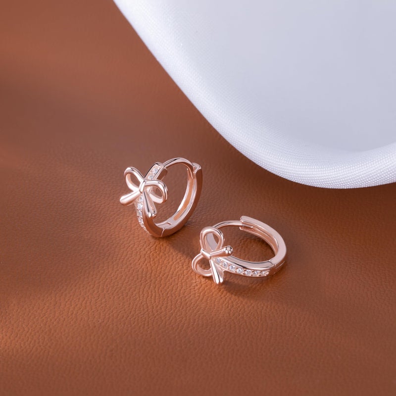 Reffeer Solid 925 Sterling Silver CZ Bow Hoop Earrings Ribbon for Women Teen Girls Bowknot Hoop Earrings Huggie (C-Rose Gold) - Image 3