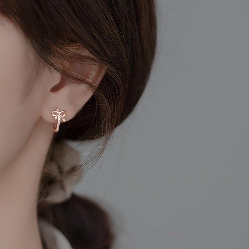 Reffeer Solid 925 Sterling Silver CZ Bow Hoop Earrings Ribbon for Women Teen Girls Bowknot Hoop Earrings Huggie (C-Rose Gold) - Image 2