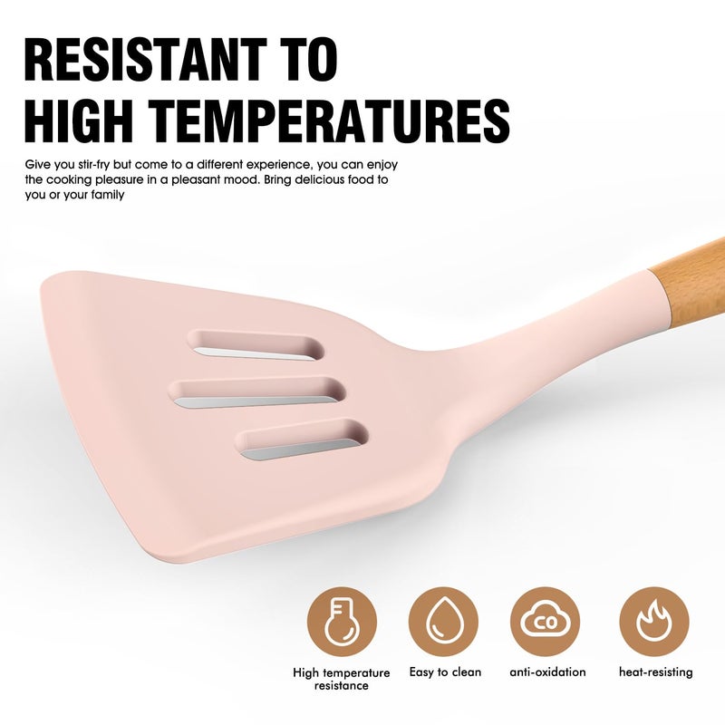 AVGPD Silicone Cooking Utensils Set - AVGPD Silicone Kitchen Utensils for Cooking Wooden Handles, 446Â°F Heat Resistant Kitchen Utensil Spatula Sets, Gadgets for Non-Stick Cookware BPA FREE (Multicolour) - Image 2