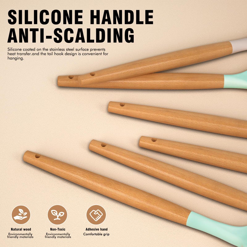 AVGPD Silicone Cooking Utensils Set - AVGPD Silicone Kitchen Utensils for Cooking Wooden Handles, 446Â°F Heat Resistant Kitchen Utensil Spatula Sets, Gadgets for Non-Stick Cookware BPA FREE (Multicolour) - Image 3