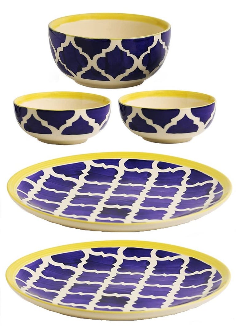 VolCraft Ceramic Dinner Set of 5 with Blue Umrao Pattern (2 Dinner Plates, 2 Katori Bowl, 1 Serving Bowl) - Image 1