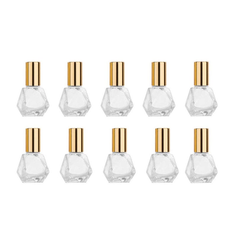 ConStore 10 PCS Mini Portable Polygonal Clear Glass Roller Bottle,8ml/0.27oz DIY Travel Essential Oil Roll On Bottle with Stainless Steel Ball Gold Cap - Image 1