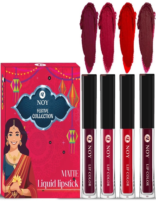 Noy Festival Collection Liquid Matte Lipstick Pack of 4 Wine, Cherry Pink, Red, Maroon Shades - Image 2