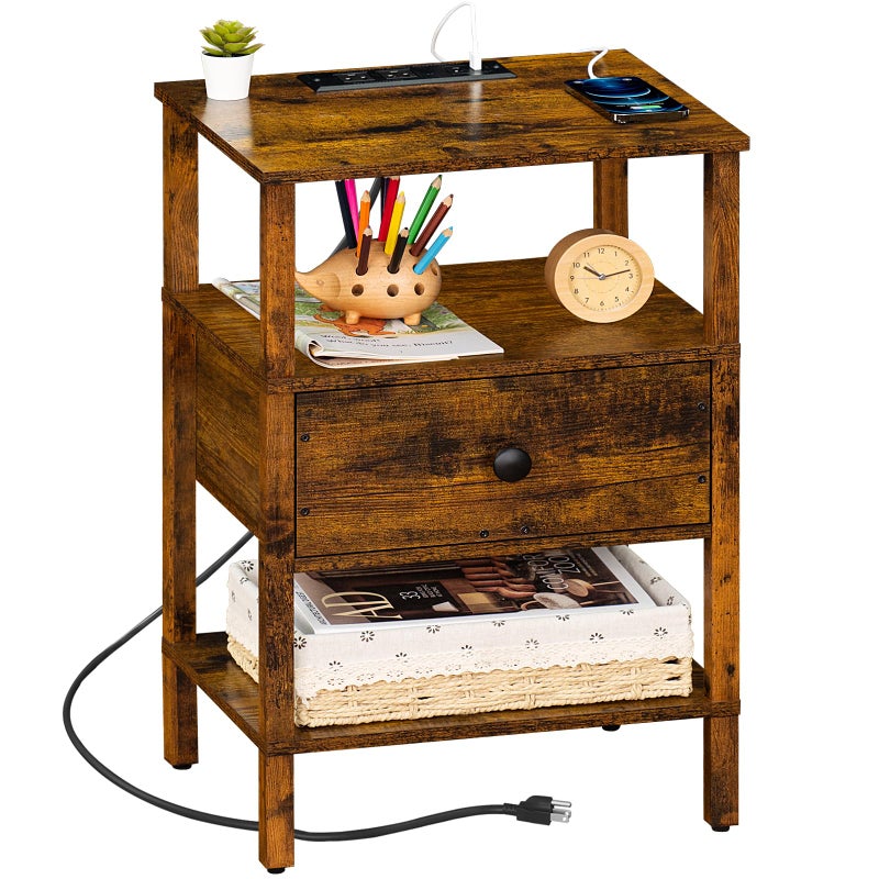Lerliuo Nightstand with Charging Station and USB Ports 3Tier Storage End Table with Drawer Shelf Night Stand for Small Spaces Wood Bedside Table for Living Room Bedroom Retro Brown