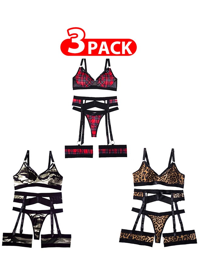 MARGOUN 3 Pack Small Size Women Sheer Mesh Garter Lingerie Set Strappy Teddy Babydoll Bra and Panty with Leg Ring 4 Piece Lingerie Set - Image 1