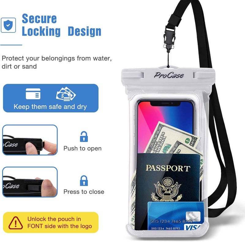 Procase 2 Pack Waterproof Phone Pouch, Underwater Phone Case Up to 7", Dry Bag for iPhone 17 Air 16 15 14 13 Pro Plus Max, Galaxy S24 S23 S22 Ultra Pixel, Beach Essentials -White & Black - Image 5