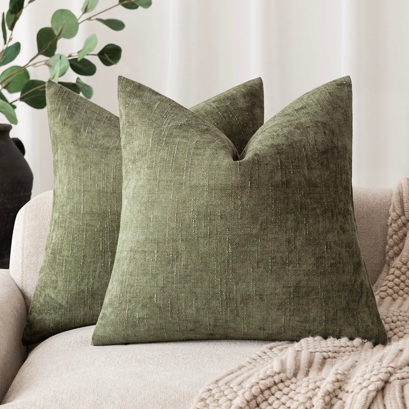 Foindtower Pack of 2 Soft Textured Chenille Throw Decorative Pillow Covers Square Accent Solid Cushion Cover Cozy Neutral Farmhouse Pillow Case for Couch Sofa Bedroom Living Room 20x20 InchDark Green