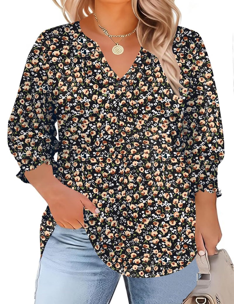 TFSDOD Plus Size Tops for Women Trendy Spring Tops for Women 2026 V Neck Button Blouses Loose Fit 3/4 Length Sleeve Womens Top Black Apricot Floral 3XL - Image 1
