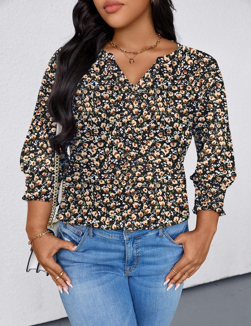 TFSDOD Plus Size Tops for Women Trendy Spring Tops for Women 2026 V Neck Button Blouses Loose Fit 3/4 Length Sleeve Womens Top Black Apricot Floral 3XL - Image 4