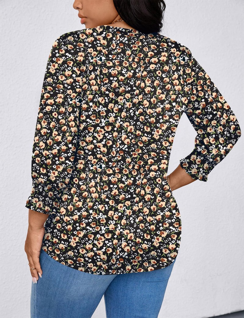 TFSDOD Plus Size Tops for Women Trendy Spring Tops for Women 2026 V Neck Button Blouses Loose Fit 3/4 Length Sleeve Womens Top Black Apricot Floral 3XL - Image 3
