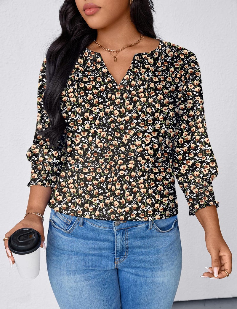 TFSDOD Plus Size Tops for Women Trendy Spring Tops for Women 2026 V Neck Button Blouses Loose Fit 3/4 Length Sleeve Womens Top Black Apricot Floral 3XL - Image 5