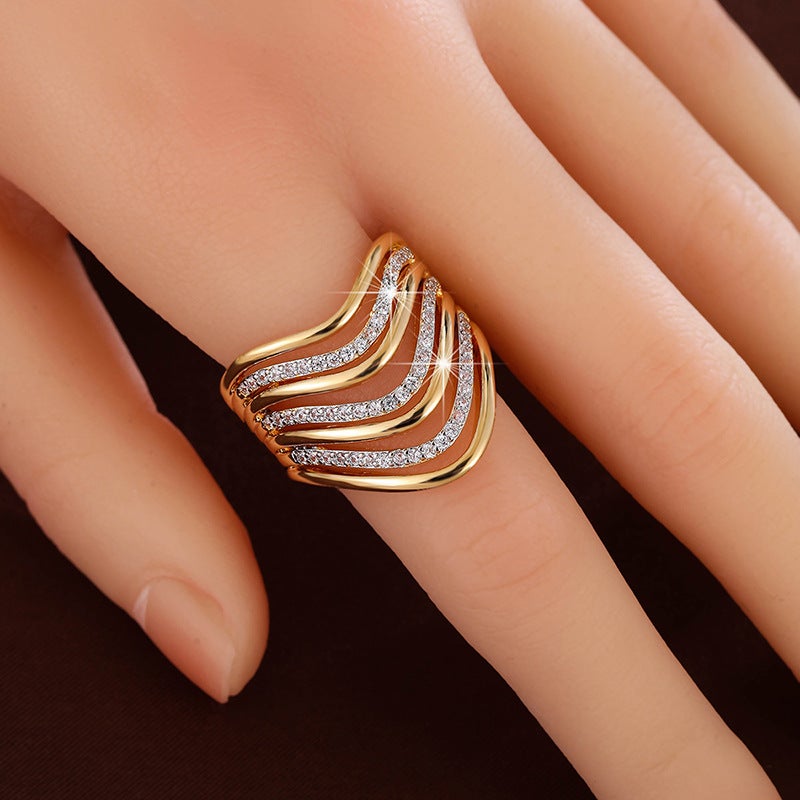 WU Elegant Irregular Hollow Geometric Ring with Zircon Inlay - Multi-Layer Stacking Design - Image 5