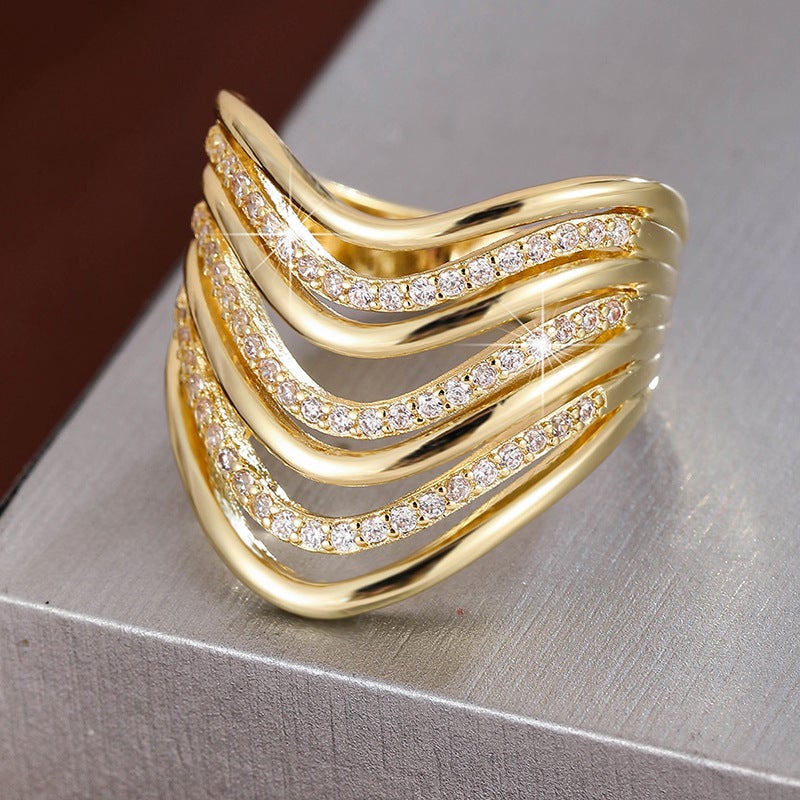 WU Elegant Irregular Hollow Geometric Ring with Zircon Inlay - Multi-Layer Stacking Design - Image 2