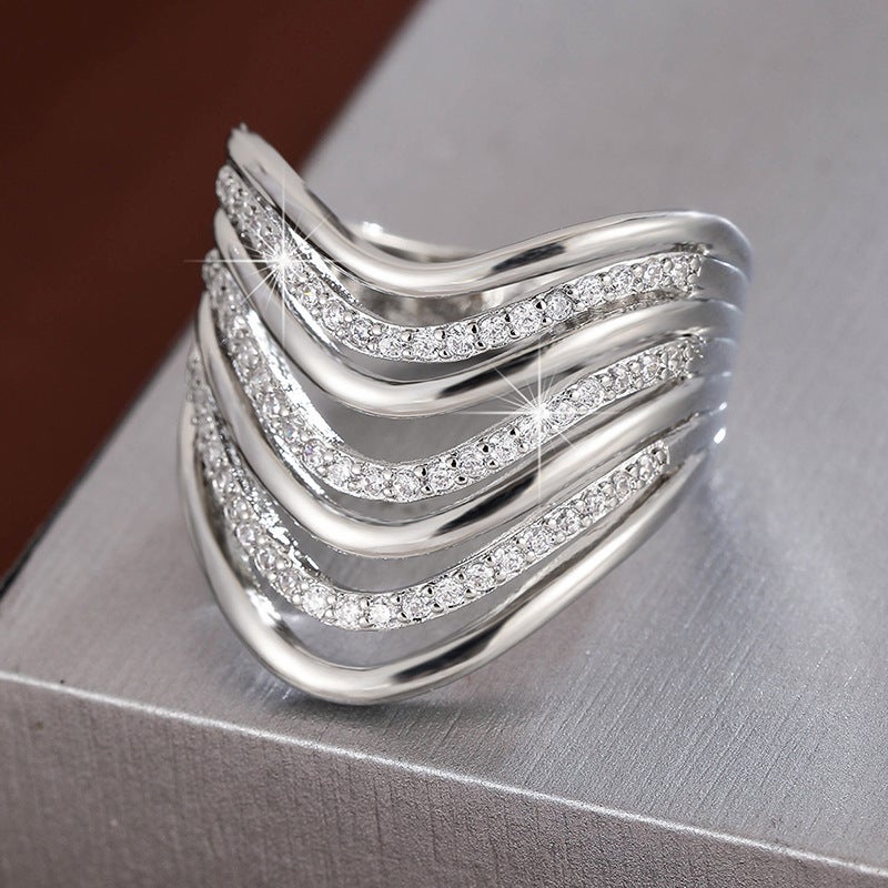 WU Elegant Irregular Hollow Geometric Ring with Zircon Inlay - Multi-Layer Stacking Design - Image 1