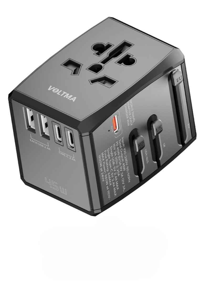 VOLTMA Universal Travel Adapter PD 45W, Fast Charging GaN Universal Charger Adapter with 3 USB-C & 2 USB-A Ports, International Plug Converter Worldwide Travel Charger All in One for EU US UK AUS  - Image 1
