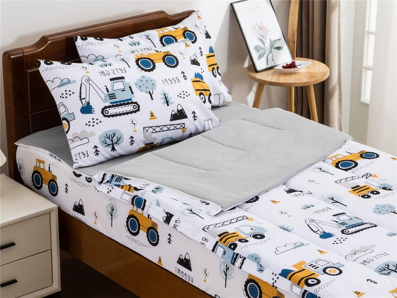 NTBED Construction Truck Printed Zipper Bedding Sets Twin Lightweight Microfiber Forest Car Comforter Sets with Fitted Sheet Pillow CoversWhite Grey