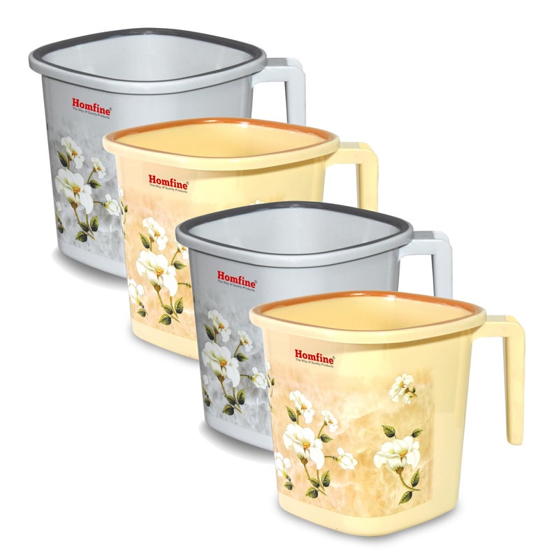 Homfine Pack of 4 Printed Square Bath Mug 1.5 litre/1500ml BPA Free Plastic for Multipurpose use in Home, Kitche, Office, Bathroom (Grey. Cream) - Image 1