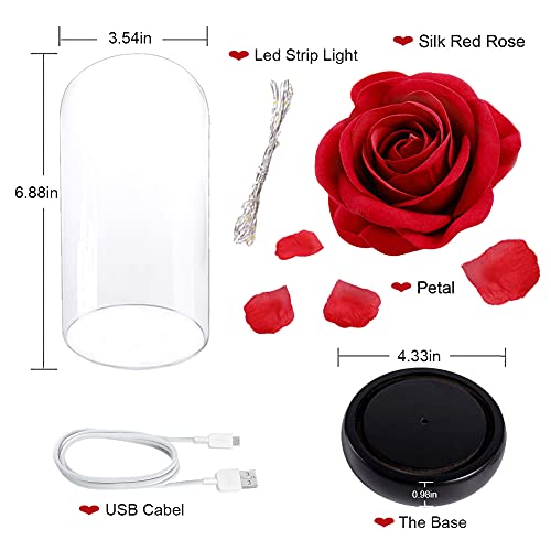 Deluxsa Enchanted Red Silk Rose,Beauty and the Beast Rose with Fallen Petals in A Light Dome,Home/Office or Home Decorations, Anniversary, Valentine's Day Christmas Gift - Image 4