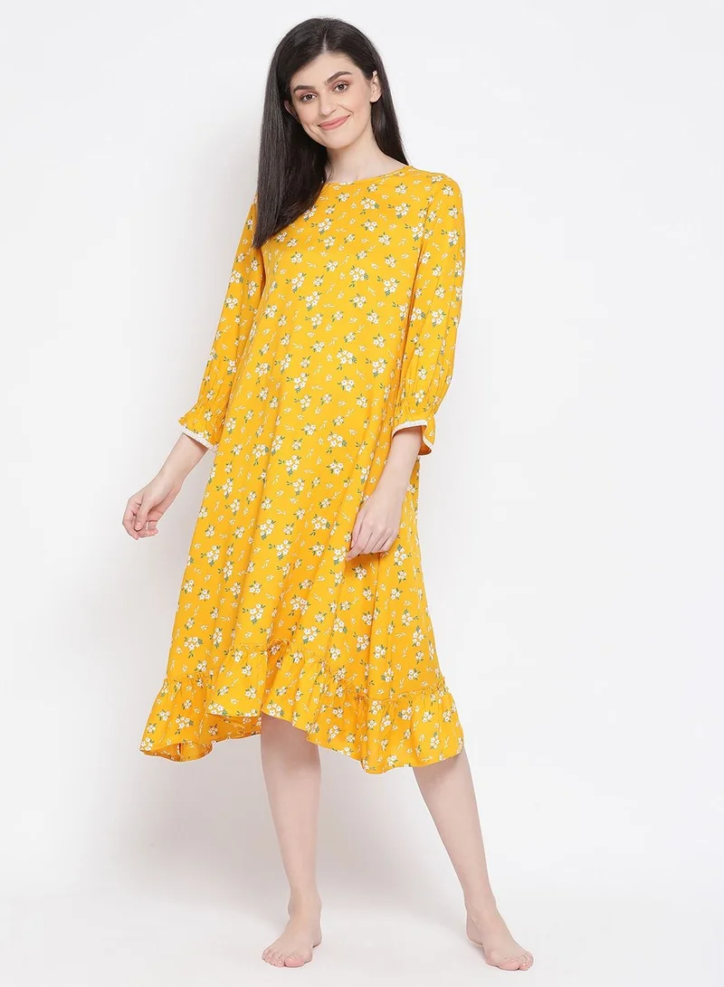 كلوفيا Clovia Pretty Florals Mid Length Nightdress In Yellow - Cotton Rich