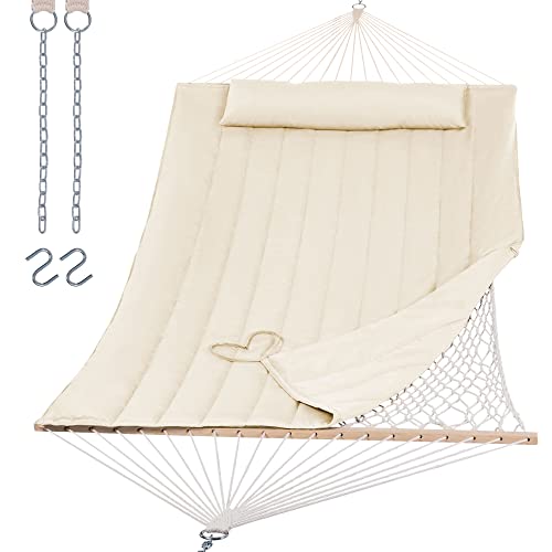 SUNCREAT SUNCREAT 2 Person Hammock with Hardwood Spreader Bar Outdoor Rope Hammock with Polyester Pad 475 lbs Capacity Beige 