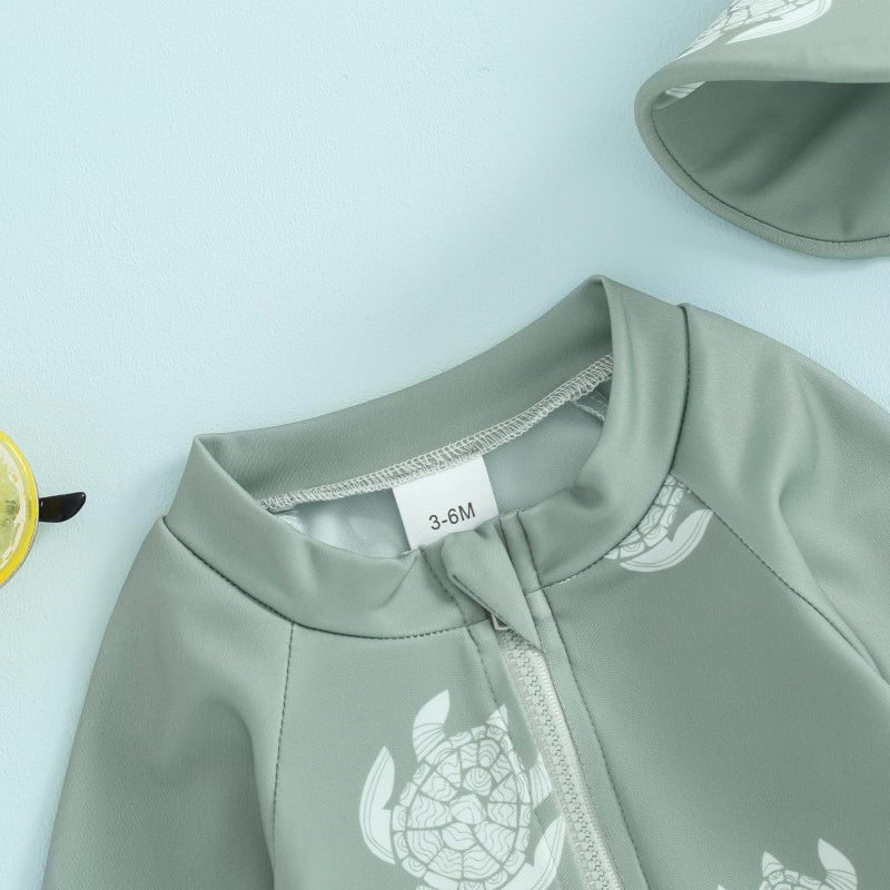 Socutebabe Toddler Infant Baby Boys Swimsuit Kids Rash Guard One Piece Newborn Zipper Bathing Suit Swimwear with Hat (Turtle Green,3-6 Months) - Image 3