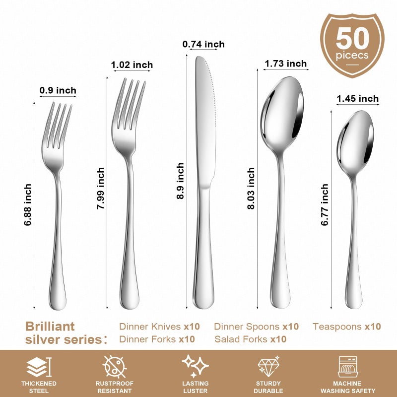 Lazycorner Silverware Set 50 Piece Stainless Steel Flatware Set Silverware Utensils for 10 People Includes Forks Knives Spoons & Salad Forks Dishwasher Safe for Home Restaurant or Outdoor Use - Image 2