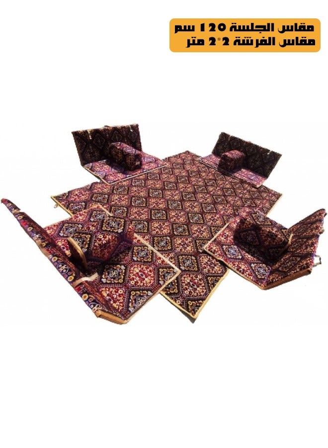 كادي ون مجموعة جلوس أرضية تراثية مكونة من 9 قطع مناسبة للسفر والرحلات البرية والحديقة , طقم فرشة تخييم ارضية مع اربع مراكى و 4 كراسي بمقاس 120 سم وبساط من القماش عالي الجودة بمقاس 2*2 متر يكفي ل 8 أشخاص - Image 1