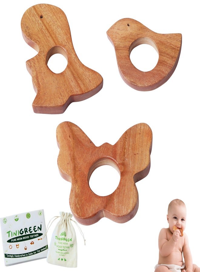 TINIGREEN Dinosaur Butterfly Dove Shaped Organic Neem Wood Teether Combo for Baby (Pack of 3) - Image 1