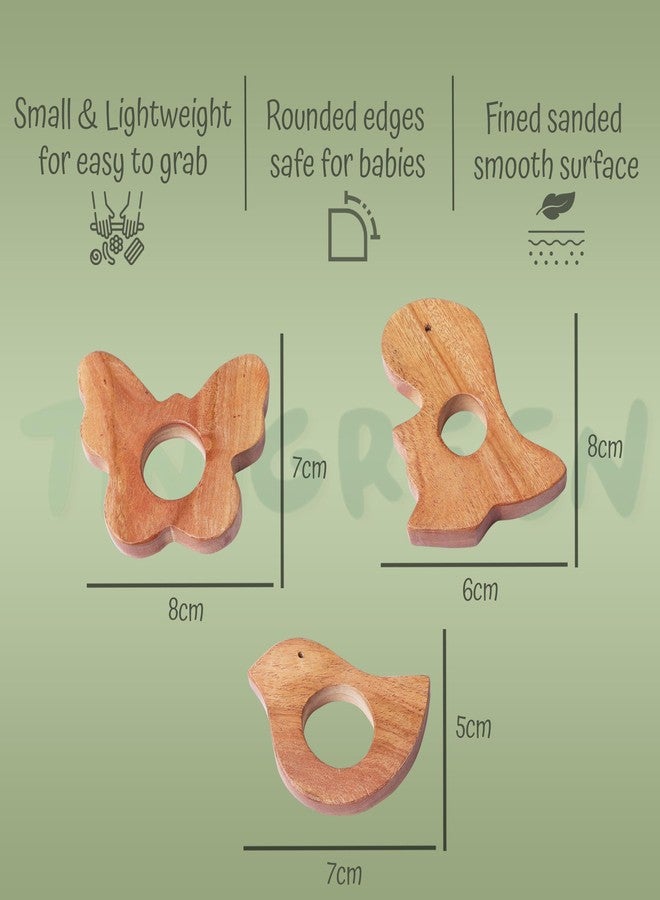 TINIGREEN Dinosaur Butterfly Dove Shaped Organic Neem Wood Teether Combo for Baby (Pack of 3) - Image 2