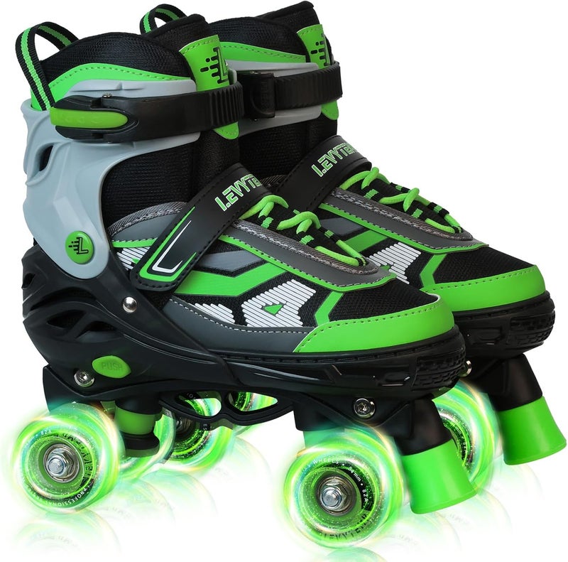 LEVYTEMP Adjustable Roller Skates for Kids with Light Up Wheels - Green - Image 1