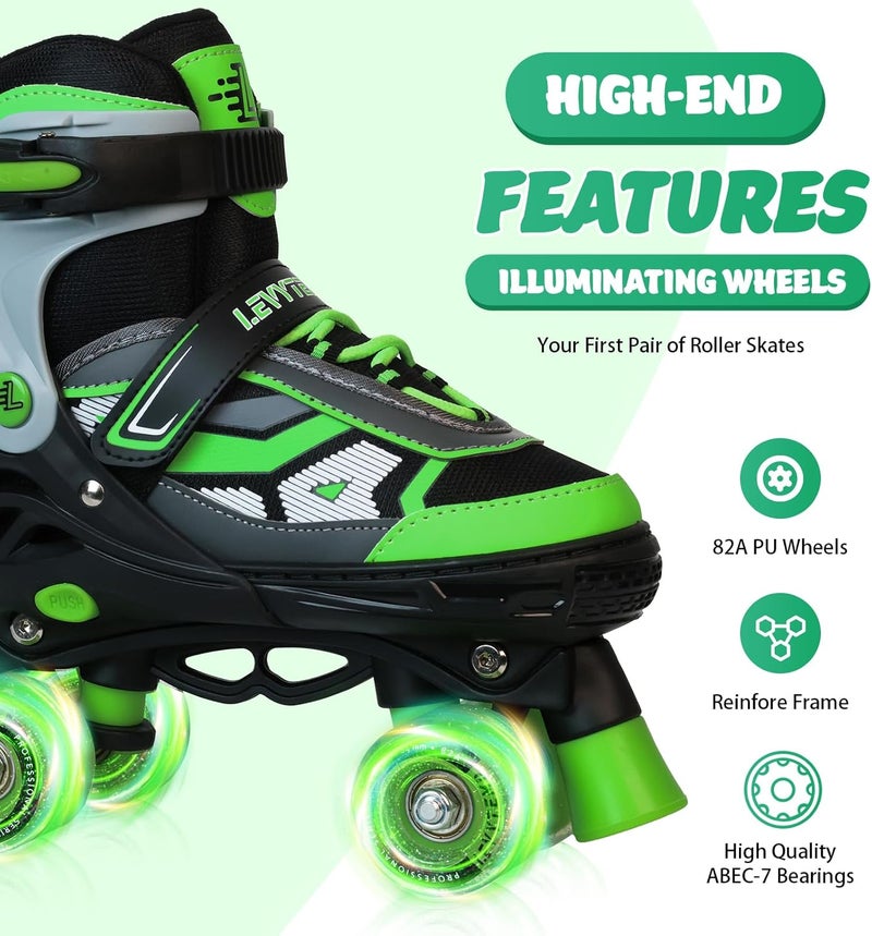 LEVYTEMP Adjustable Roller Skates for Kids with Light Up Wheels - Green - Image 3
