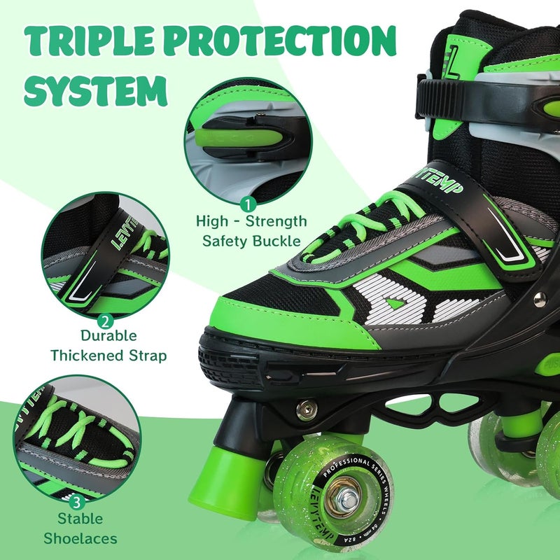 LEVYTEMP Adjustable Roller Skates for Kids with Light Up Wheels - Green - Image 4