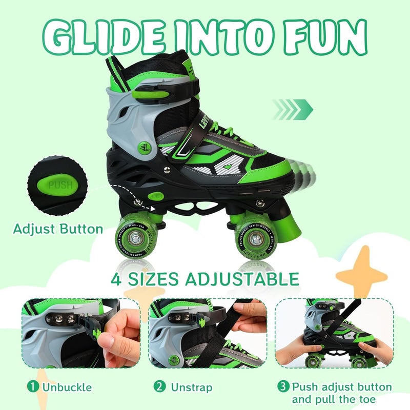 LEVYTEMP Adjustable Roller Skates for Kids with Light Up Wheels - Green - Image 2