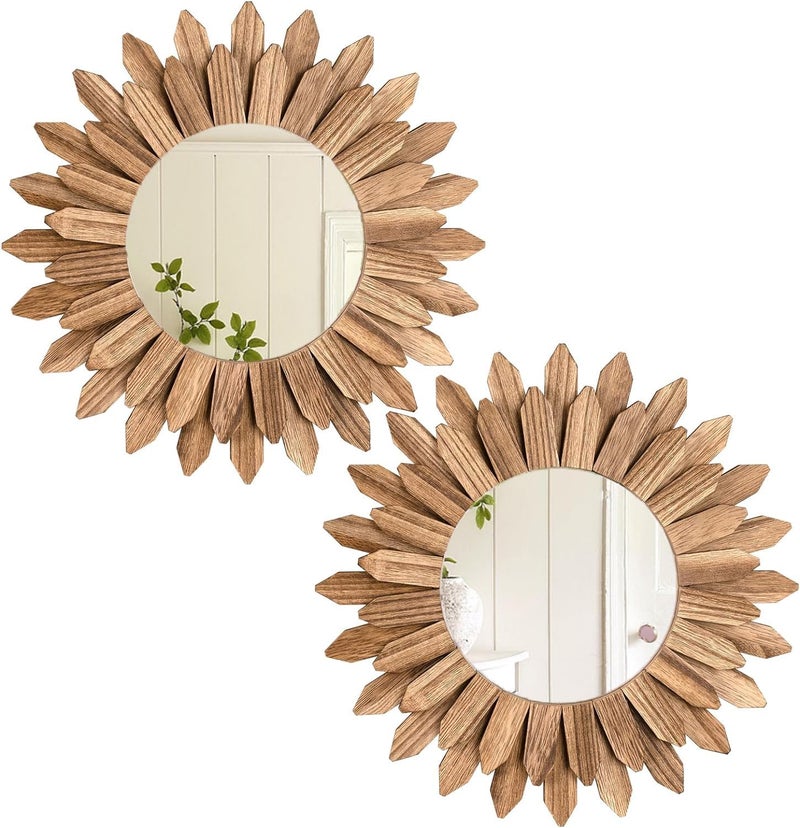 LOSOUR 2 Pack Boho Wall Decor Sunburst Mirror 12 inch Rustic Round Wood Mirror Boho Mirror Farmhouse Wall Decor for Bedroom Living Room Entryway