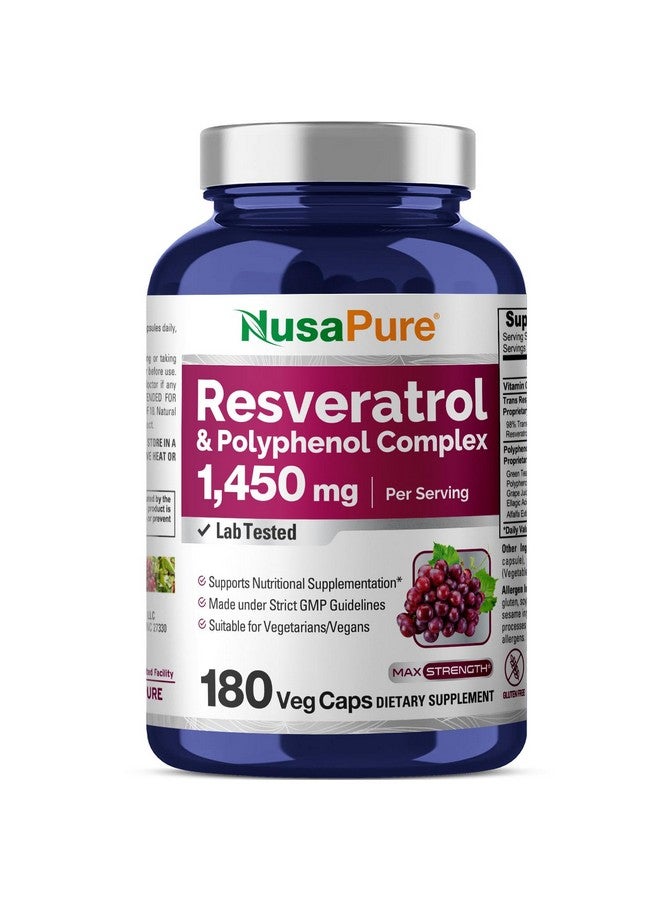 NusaPure Resveratrol & Polyphenol Complex 1450mg 180 Vegetarian Caps (Non-GMO, Vegan) Vitamin C - Image 1
