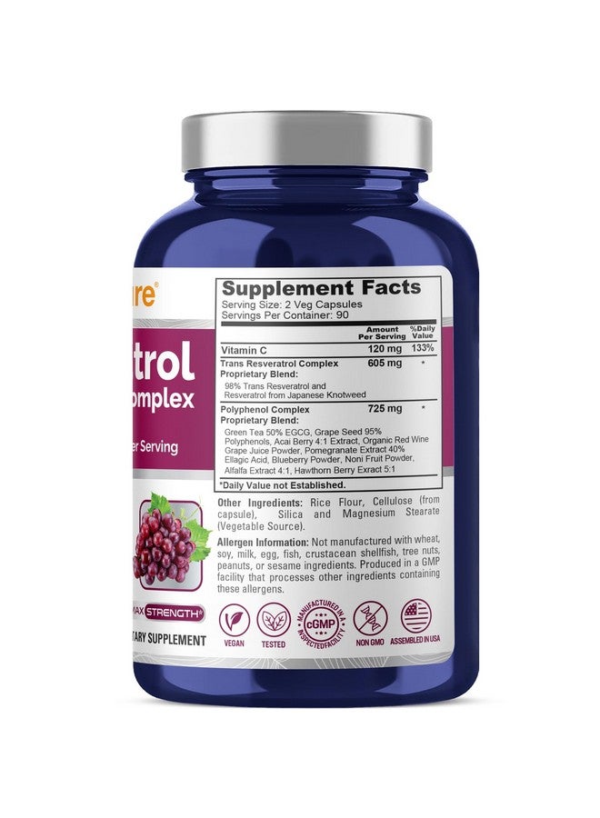 NusaPure Resveratrol & Polyphenol Complex 1450mg 180 Vegetarian Caps (Non-GMO, Vegan) Vitamin C - Image 2