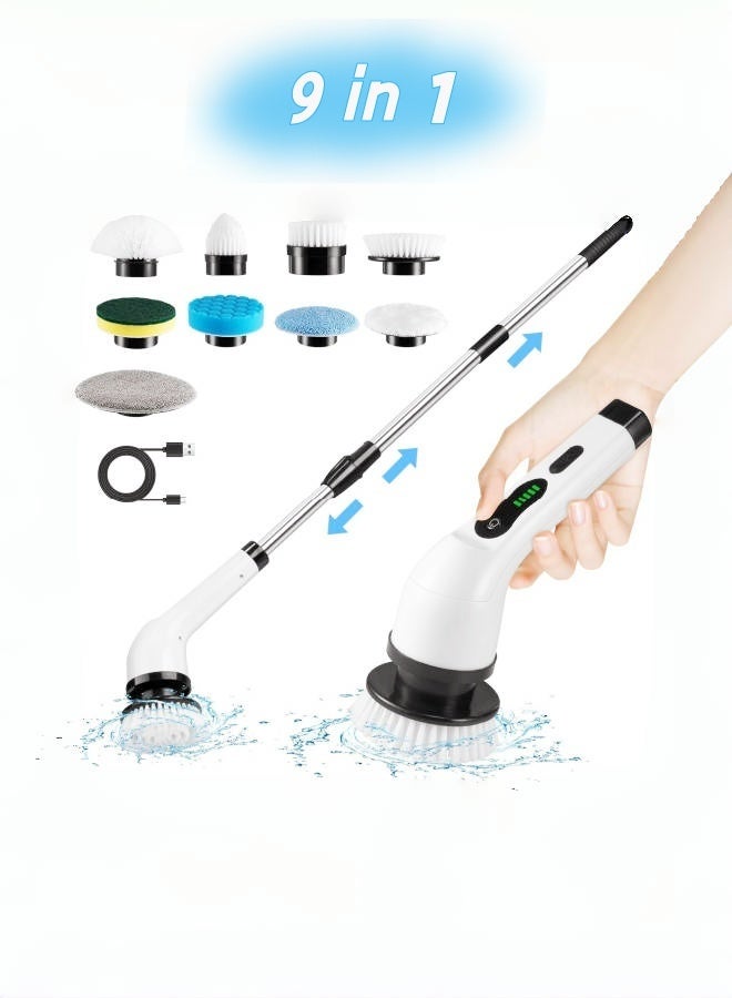 Electric Spin Scrubber, Cordless Shower Scrubber with 9 Scrub Brush, 2 Speed with Adjustable Extension Handle, Battery Level Display, Power Scrubber for Bathroom Kitchen Bathtub Tile Floor, Black  - Image 1