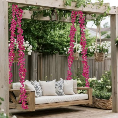GhuaH 2 Pcs Artificial Bougainvillea Flowers Garland Fake Silk Bougainvilleas Vines Trailing Fuchsia Faux Hanging Flowers Plants Bougainvillea Artificial for Porch Wedding Arch Spring Summer Decor - Image 3