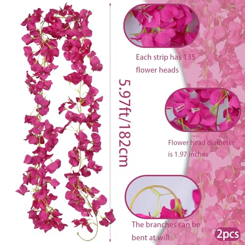 GhuaH 2 Pcs Artificial Bougainvillea Flowers Garland Fake Silk Bougainvilleas Vines Trailing Fuchsia Faux Hanging Flowers Plants Bougainvillea Artificial for Porch Wedding Arch Spring Summer Decor - Image 2