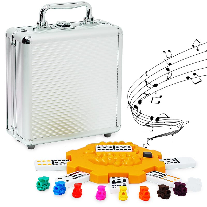 Yinlo Mexican Train Dominoes Set, Double 12 Dominoes Set: Colorful Dot Pips, Real Train Sound Effect Hub, Score Pad and 9 Colorful Trains, 91 Tiles Domino Game Set - Image 1