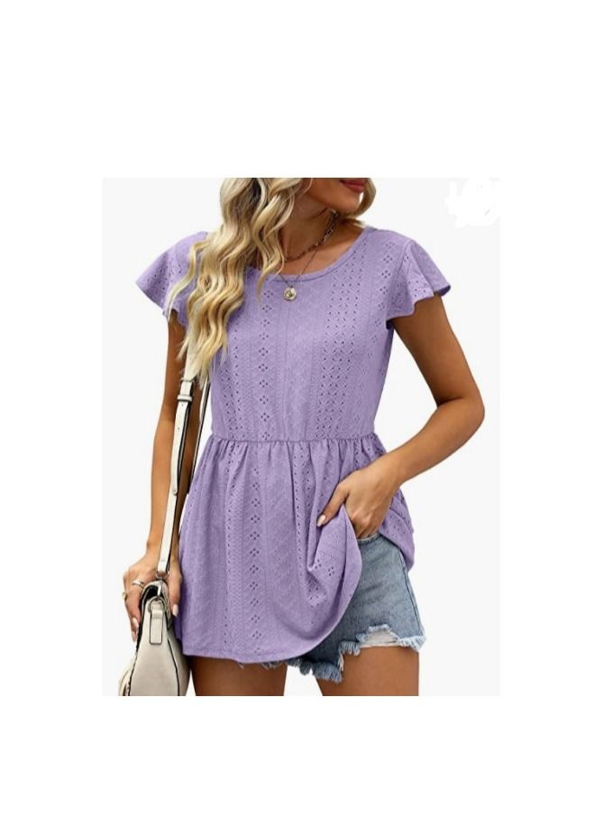 Loquat Summer New Women's Hollowed Oout Lotus Sleeve Waist Cinched Casual Blouse  - Image 1