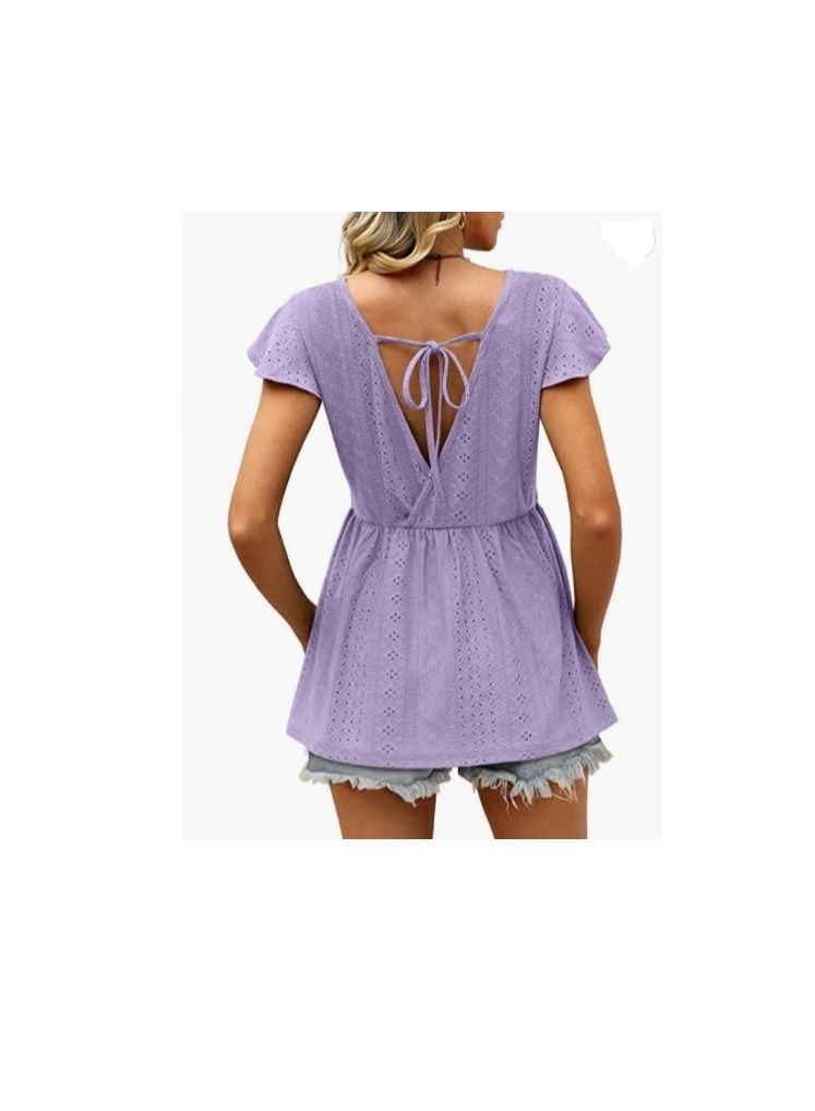 Loquat Summer New Women's Hollowed Oout Lotus Sleeve Waist Cinched Casual Blouse  - Image 2