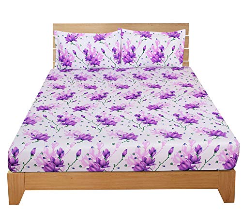 MORADO® 3D Printed 144 TC Glace Cotton Double Bedsheet with 2 Pillow Covers (White and Purple Flower, 90X90 Inches) - Image 1
