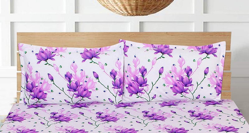 MORADO® 3D Printed 144 TC Glace Cotton Double Bedsheet with 2 Pillow Covers (White and Purple Flower, 90X90 Inches) - Image 2