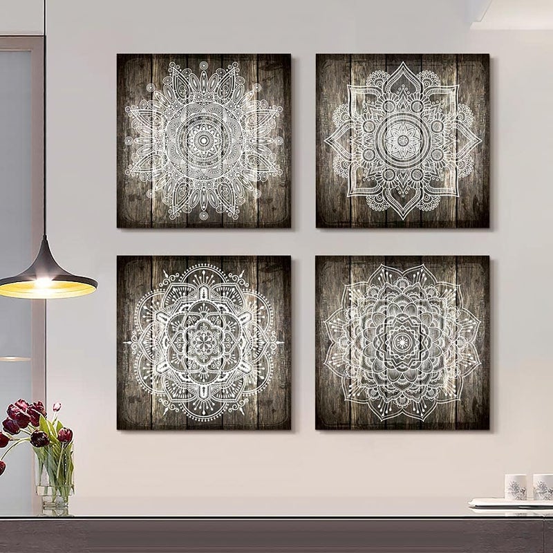 TTHYUEWS Canvas Wall Art For Bedroom Wall Decor For Living Room Black And White Abstract Paintings Modern 4 Piece Framed Retro Pattern Canvas Art Bathroom Prints Ready To Hang Pictures For Home Decorations - Image 2